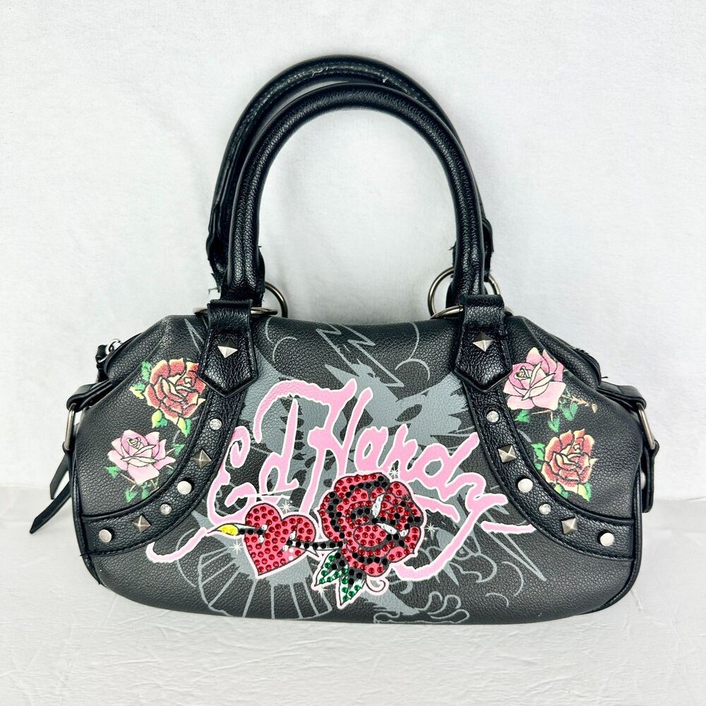 Ed Hardy Mini Bowler Bag Stachel Rhinestone Rose Heart Tattoo Art Y2K Studded